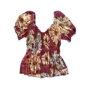 Maurices Top Women's XS Cinch Waist Floral Puffed Sleeve Peasant Summer Aloha